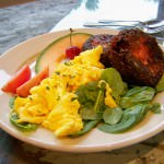 Roasted Beet Fritters with Eggs & Spinach; photo by L. Goldman